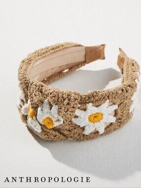 Anthropologie Tan Yellow & White Daisy Crochet Boho Headband - NEW